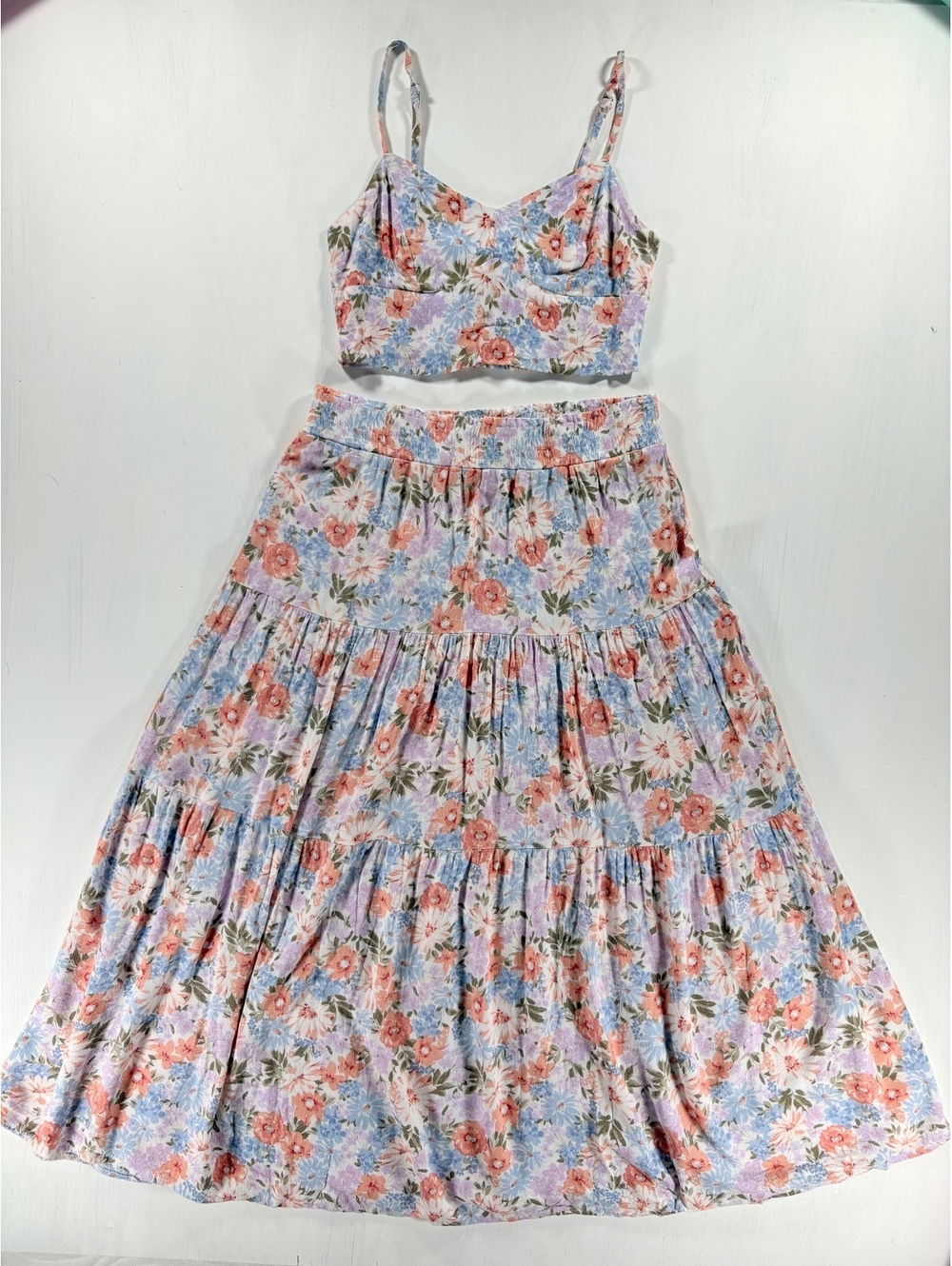 Stradivarius Floral Two Piece Crop Top & Tiered Midi Skirt Set XS